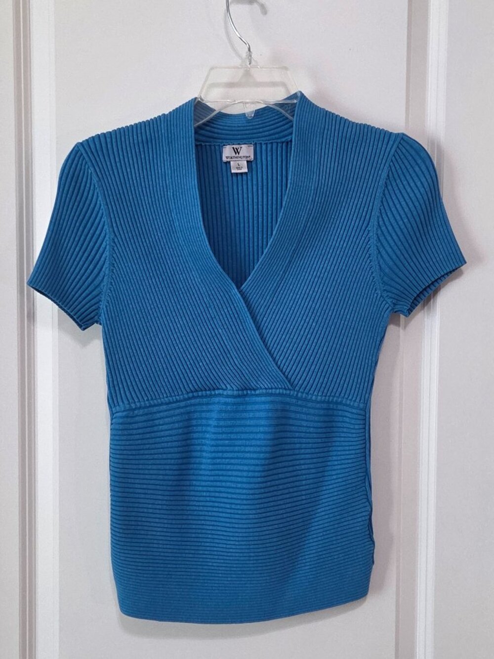 Worthington Blue Ribbed Faux Wrap Short Sleeve Top, L